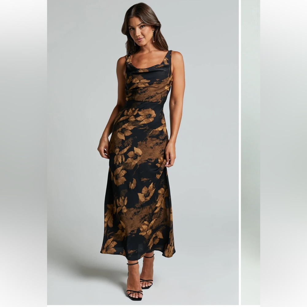 NWT Showpo Dara Midi Dress - Black and Gold Floral Cowl Neck - Size 8